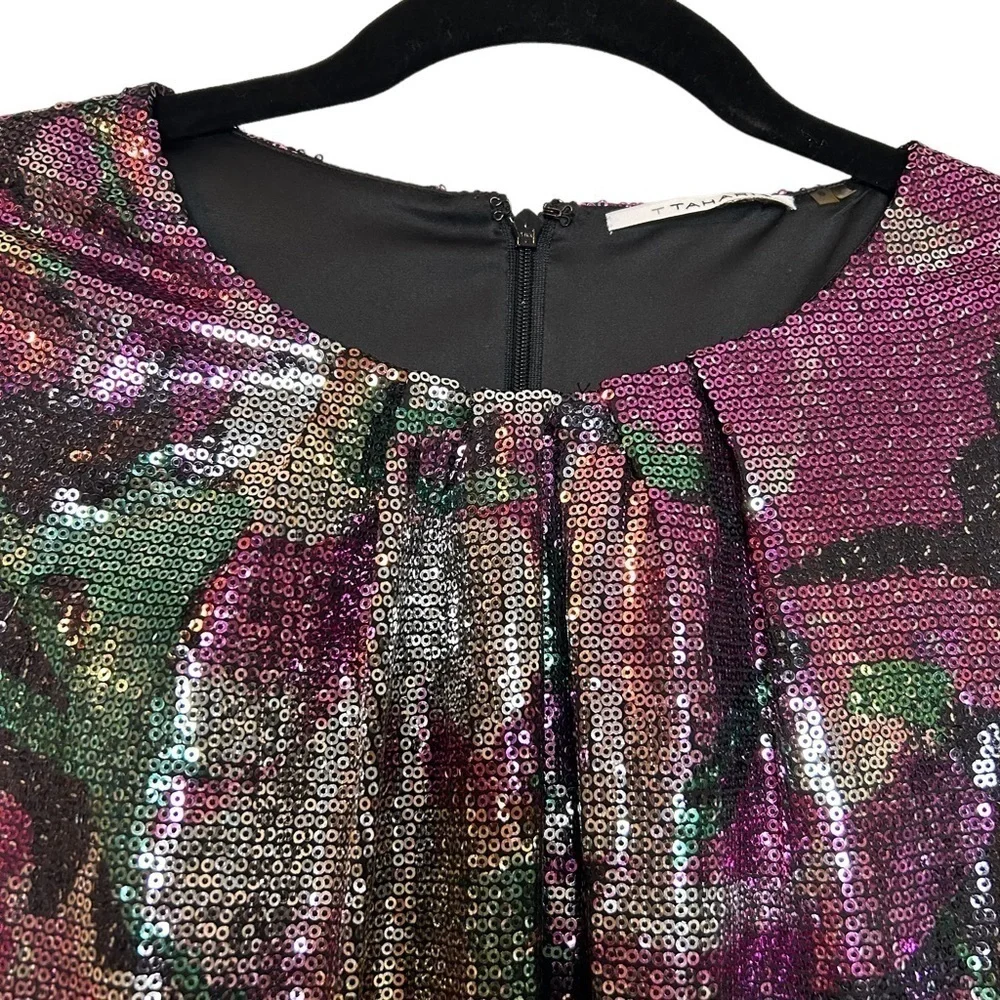 T Tahari Helena Black/Multi Color Floral Sequin Sleeveless Pleated Collar Dress - Picture 6 of 16